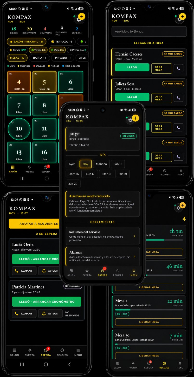 Las cinco pantallas de la app móvil de Kompax: Salón, Puerta, Espera, Relojes y Menú