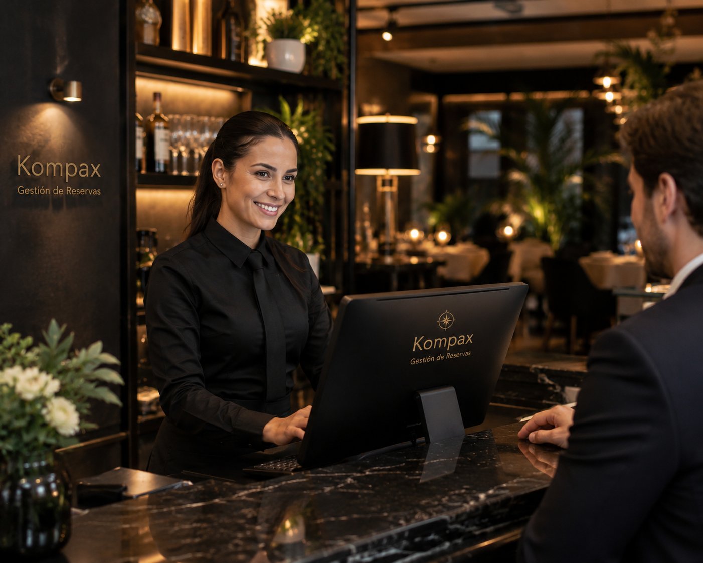 Anfitriona en el mostrador de un restaurante usando la computadora con el sistema de reservas y gestión de salón Kompax